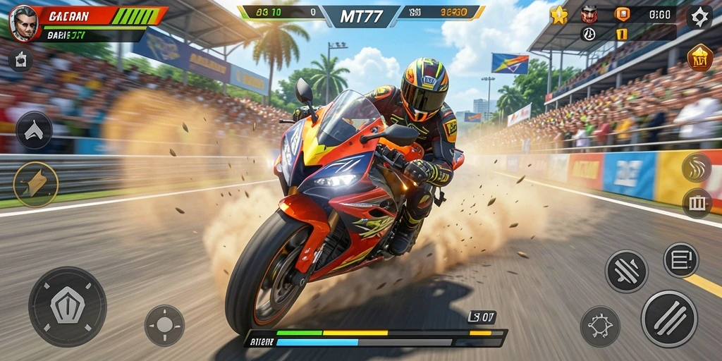 Screenshot gameplay MT777 yang menampilkan aksi balapan motor.